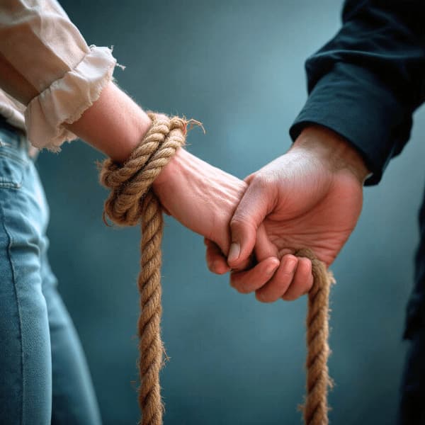 Une corde reliant la main d’une femme et celle d’un homme, évoquant la douleur de l’attachement et un accompagnement possible par l’hypnose.