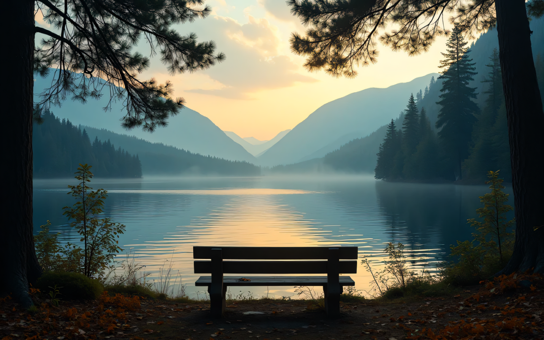 Un banc vide devant un lac évoquant un accompagnement du deuil dans un climat d’écoute et de douceur